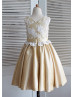 Ivory Lace Champagne Taffeta Knee Length Flower Girl Dress